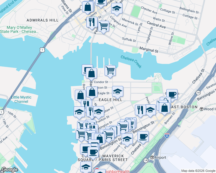 map of restaurants, bars, coffee shops, grocery stores, and more near 87 Condor Street in Boston