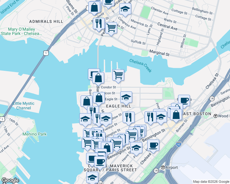map of restaurants, bars, coffee shops, grocery stores, and more near 87 Condor Street in Boston