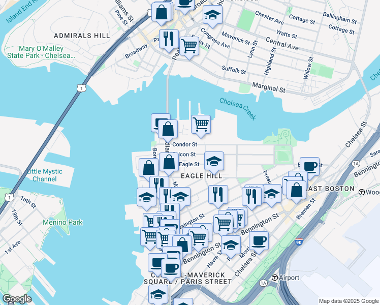 map of restaurants, bars, coffee shops, grocery stores, and more near 87 Condor Street in Boston