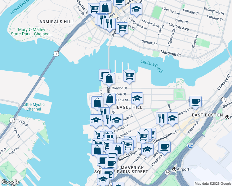 map of restaurants, bars, coffee shops, grocery stores, and more near 47 Condor Street in Boston