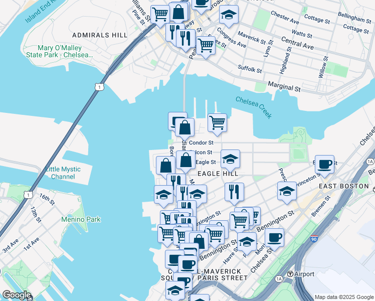 map of restaurants, bars, coffee shops, grocery stores, and more near 47 Condor Street in Boston