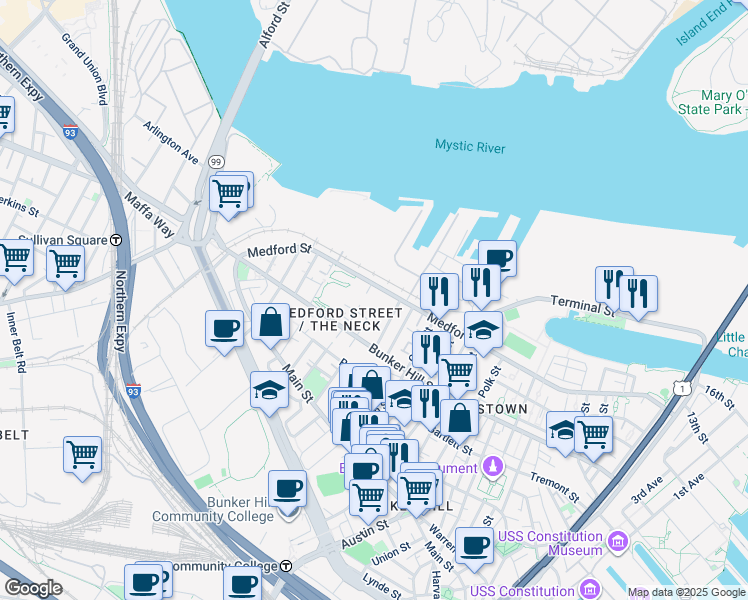 map of restaurants, bars, coffee shops, grocery stores, and more near 412 Medford Street in Boston
