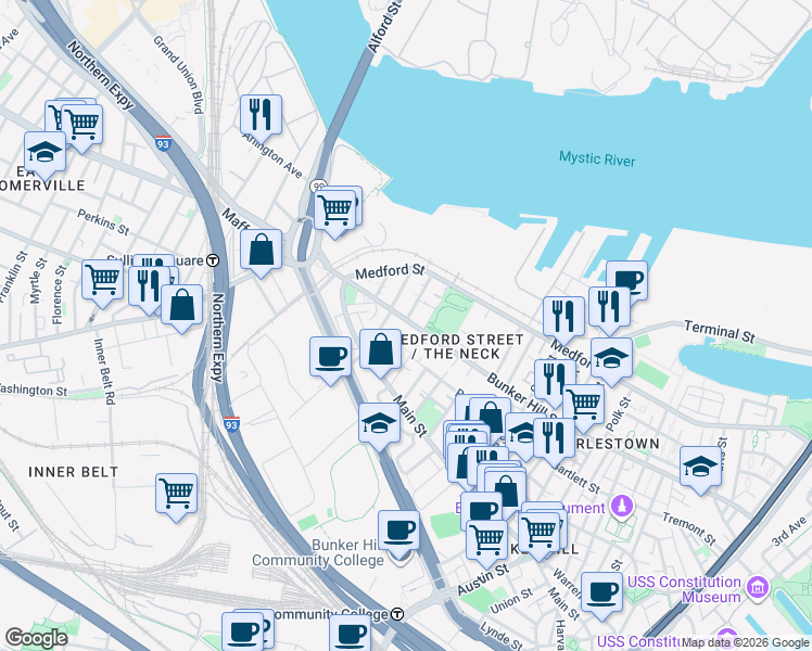 map of restaurants, bars, coffee shops, grocery stores, and more near 73 Baldwin Street in Boston
