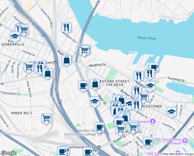 map of restaurants, bars, coffee shops, grocery stores, and more near 73 Baldwin Street in Boston