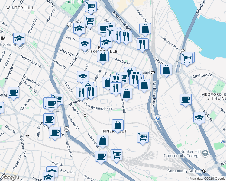 map of restaurants, bars, coffee shops, grocery stores, and more near 89 Mount Vernon Street in Somerville