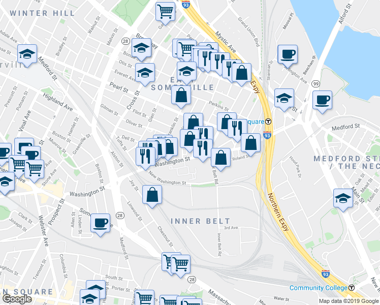 map of restaurants, bars, coffee shops, grocery stores, and more near 16 Florence Street in Somerville