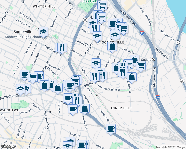 map of restaurants, bars, coffee shops, grocery stores, and more near 159 Glen Street in Somerville