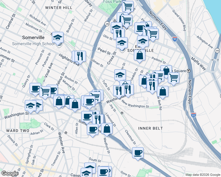 map of restaurants, bars, coffee shops, grocery stores, and more near 159 Glen Street in Somerville