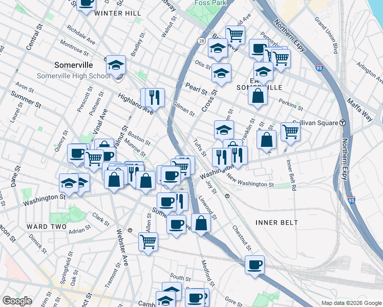 map of restaurants, bars, coffee shops, grocery stores, and more near 60 Tufts Street in Somerville