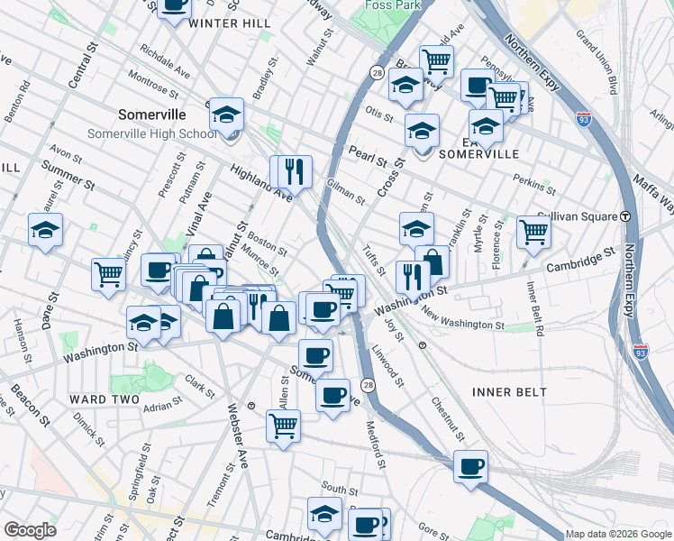 map of restaurants, bars, coffee shops, grocery stores, and more near in Somerville