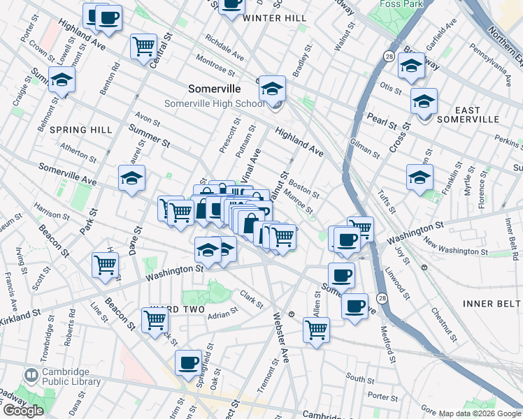 map of restaurants, bars, coffee shops, grocery stores, and more near 16 Hillside Park in Somerville