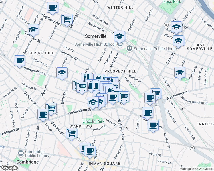 map of restaurants, bars, coffee shops, grocery stores, and more near 20 Summer Street in Somerville