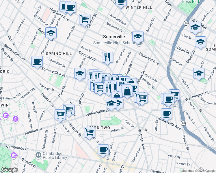 map of restaurants, bars, coffee shops, grocery stores, and more near 56 Church Street in Somerville