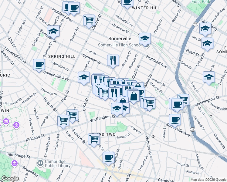 map of restaurants, bars, coffee shops, grocery stores, and more near 56 Church Street in Somerville