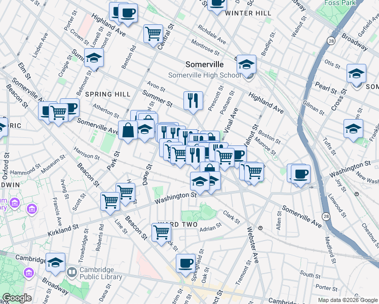 map of restaurants, bars, coffee shops, grocery stores, and more near in Somerville