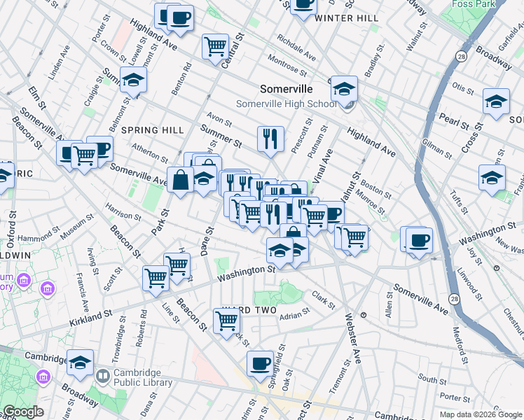 map of restaurants, bars, coffee shops, grocery stores, and more near in Somerville