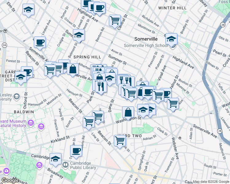 map of restaurants, bars, coffee shops, grocery stores, and more near 480 Somerville Avenue in Somerville