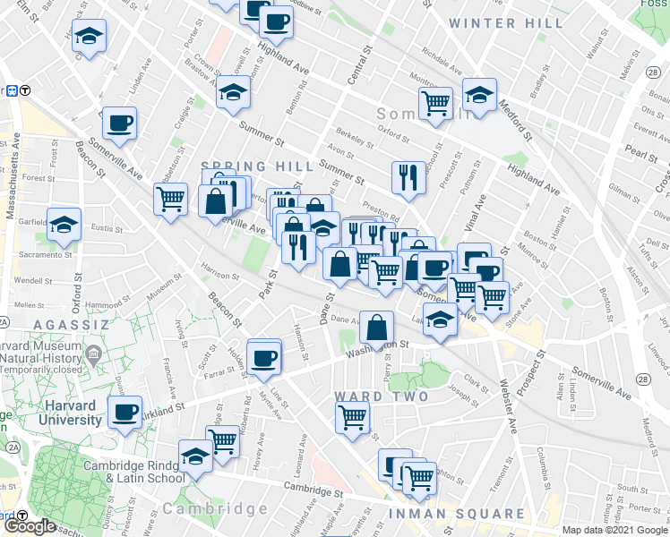 map of restaurants, bars, coffee shops, grocery stores, and more near 480 Somerville Avenue in Somerville