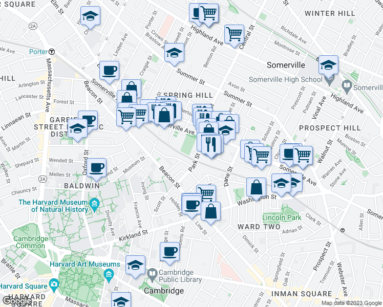 map of restaurants, bars, coffee shops, grocery stores, and more near 550 Somerville Avenue in Somerville