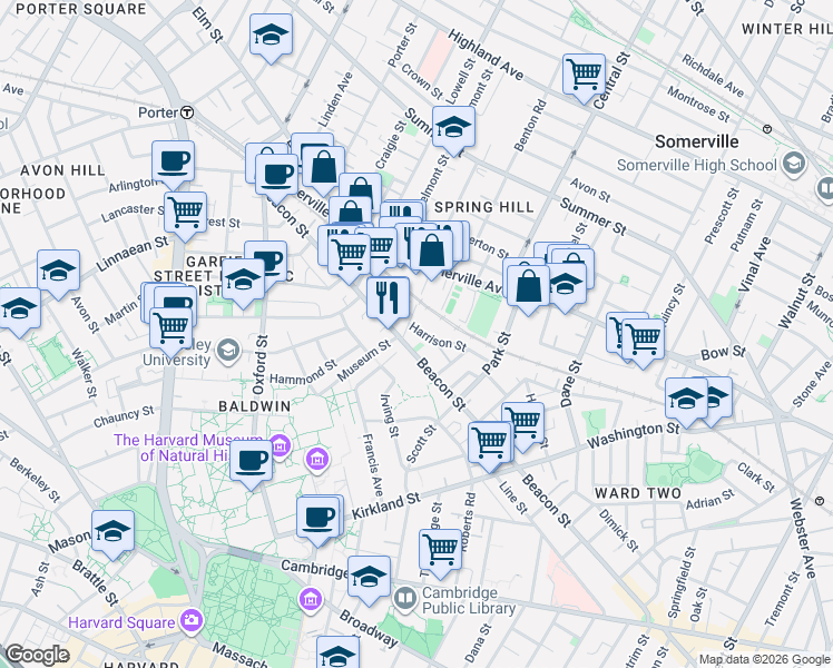map of restaurants, bars, coffee shops, grocery stores, and more near 51 Harrison Street in Somerville
