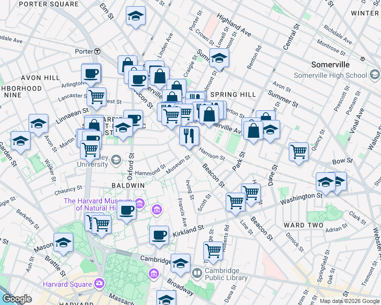 map of restaurants, bars, coffee shops, grocery stores, and more near 248 Beacon Street in Somerville