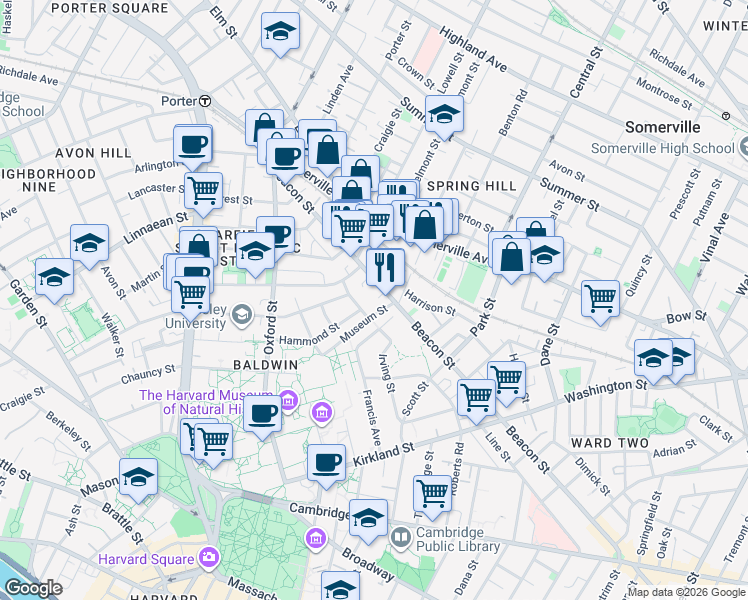 map of restaurants, bars, coffee shops, grocery stores, and more near 248 Beacon Street in Somerville
