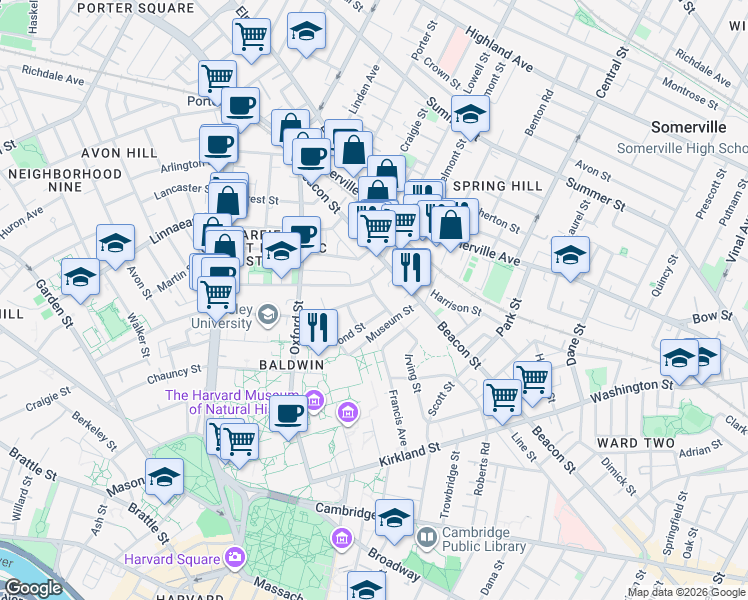 map of restaurants, bars, coffee shops, grocery stores, and more near 66 Sacramento Street in Cambridge