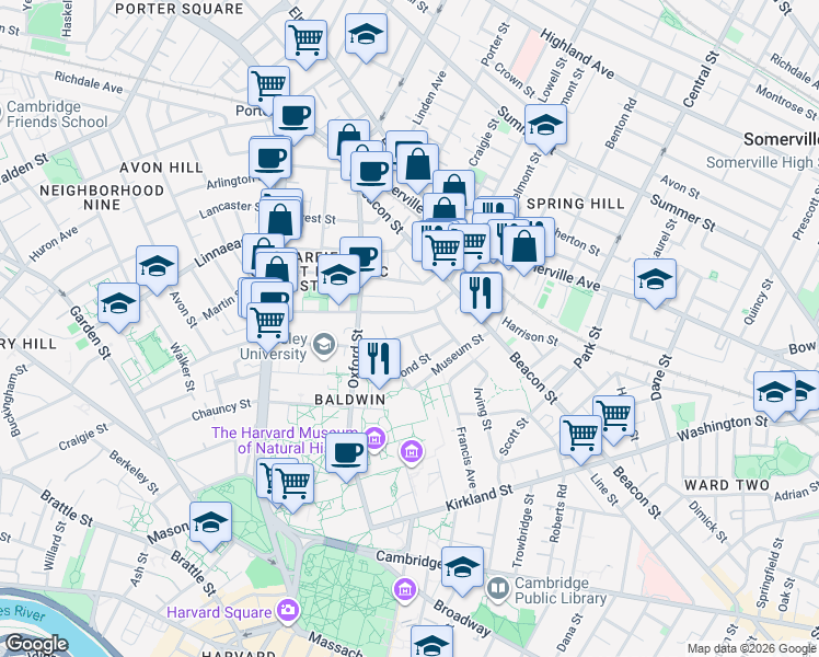 map of restaurants, bars, coffee shops, grocery stores, and more near 66 Sacramento Street in Cambridge