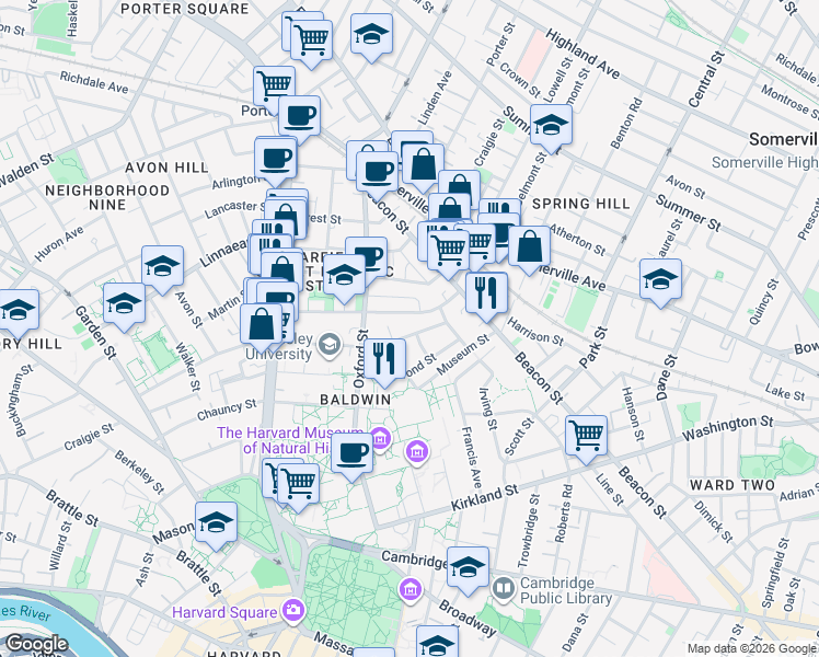 map of restaurants, bars, coffee shops, grocery stores, and more near 48 Sacramento Street in Cambridge
