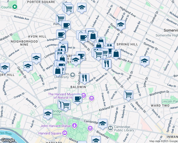 map of restaurants, bars, coffee shops, grocery stores, and more near 48 Sacramento Street in Cambridge
