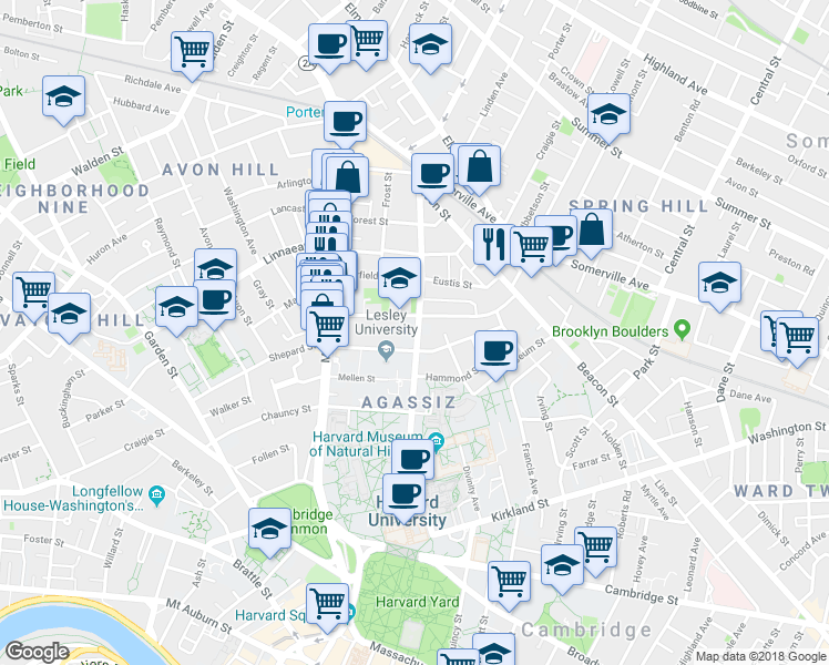 map of restaurants, bars, coffee shops, grocery stores, and more near 36 Sacramento Street in Cambridge