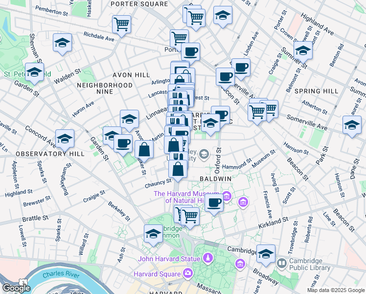 map of restaurants, bars, coffee shops, grocery stores, and more near 1679 Massachusetts Avenue in Cambridge