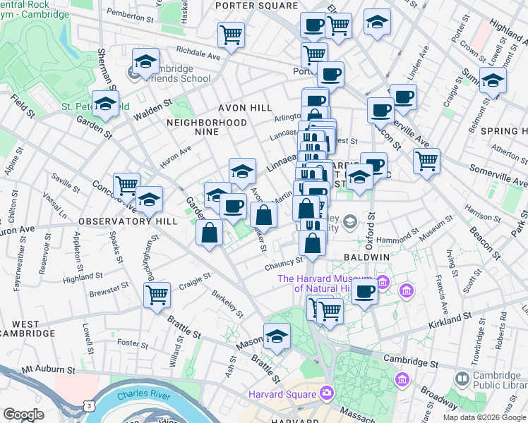 map of restaurants, bars, coffee shops, grocery stores, and more near in Cambridge