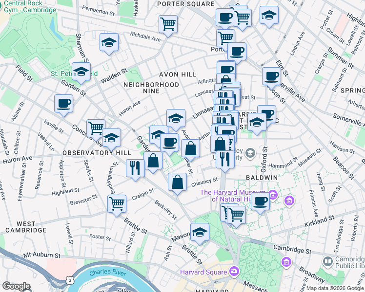 map of restaurants, bars, coffee shops, grocery stores, and more near 123 Walker Street in Cambridge