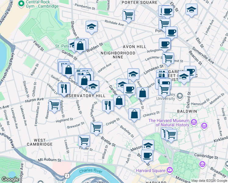 map of restaurants, bars, coffee shops, grocery stores, and more near 42 Fernald Drive in Cambridge