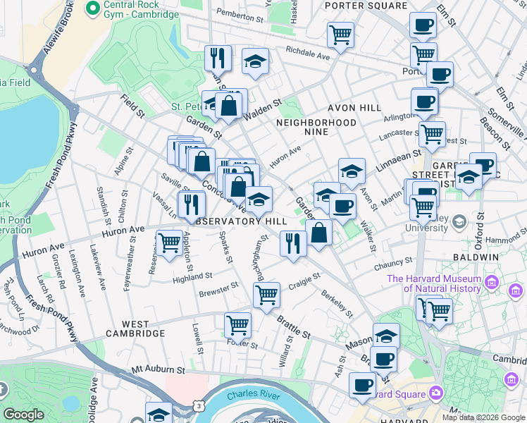 map of restaurants, bars, coffee shops, grocery stores, and more near 138-140 Huron Avenue in Cambridge
