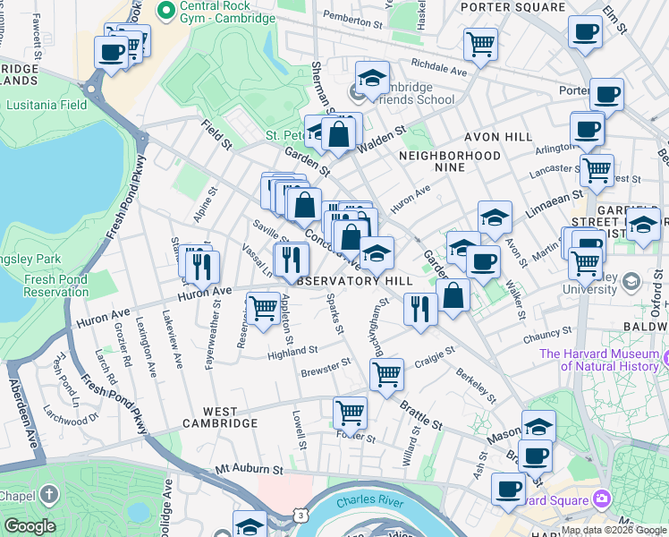 map of restaurants, bars, coffee shops, grocery stores, and more near in Cambridge
