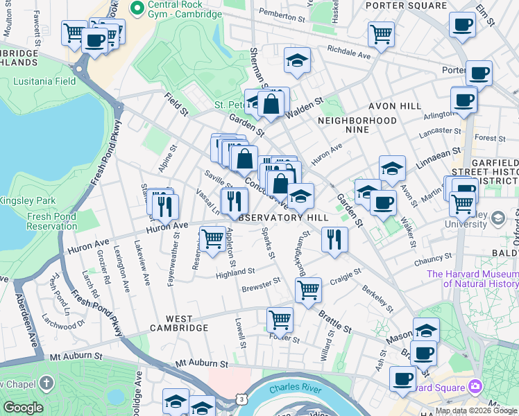 map of restaurants, bars, coffee shops, grocery stores, and more near 7 Appleton Terrace in Cambridge