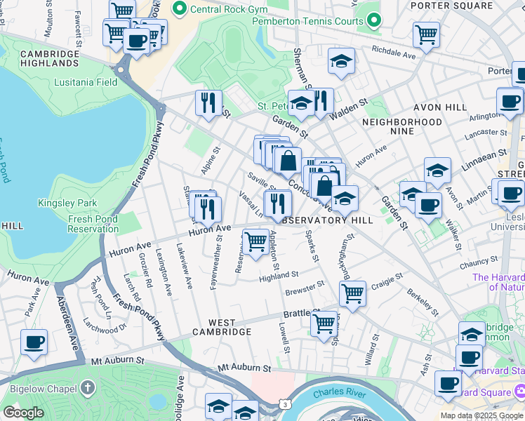 map of restaurants, bars, coffee shops, grocery stores, and more near 19 Hutchinson Street in Cambridge