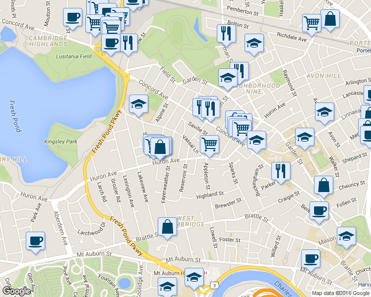 map of restaurants, bars, coffee shops, grocery stores, and more near 30 Granville Road in Cambridge