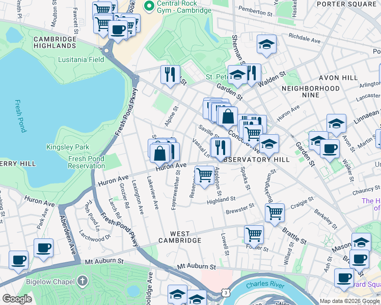map of restaurants, bars, coffee shops, grocery stores, and more near 30 Granville Road in Cambridge