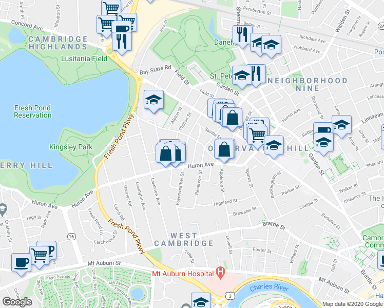 map of restaurants, bars, coffee shops, grocery stores, and more near 30 Granville Road in Cambridge
