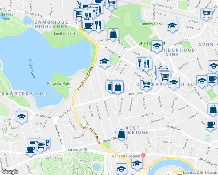 map of restaurants, bars, coffee shops, grocery stores, and more near 45 Standish Street in Cambridge