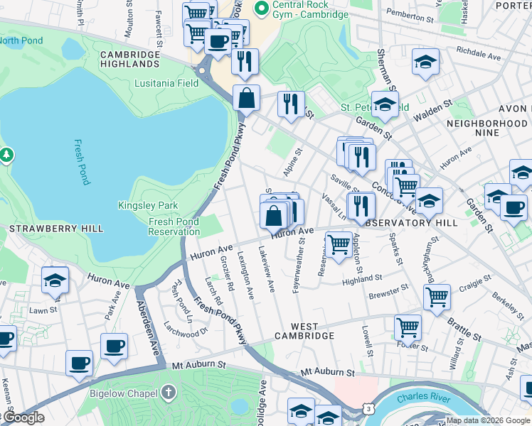 map of restaurants, bars, coffee shops, grocery stores, and more near 45 Standish Street in Cambridge