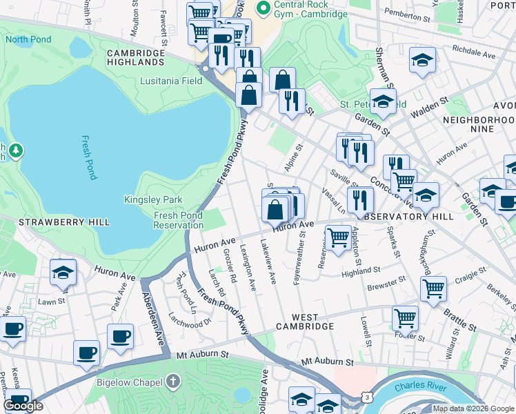 map of restaurants, bars, coffee shops, grocery stores, and more near 211 Lakeview Avenue in Cambridge