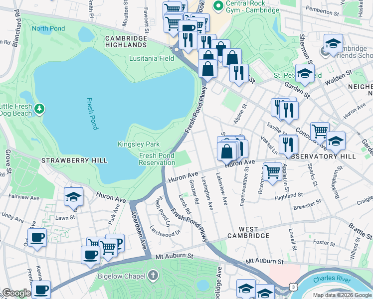 map of restaurants, bars, coffee shops, grocery stores, and more near 238 Lexington Avenue in Cambridge