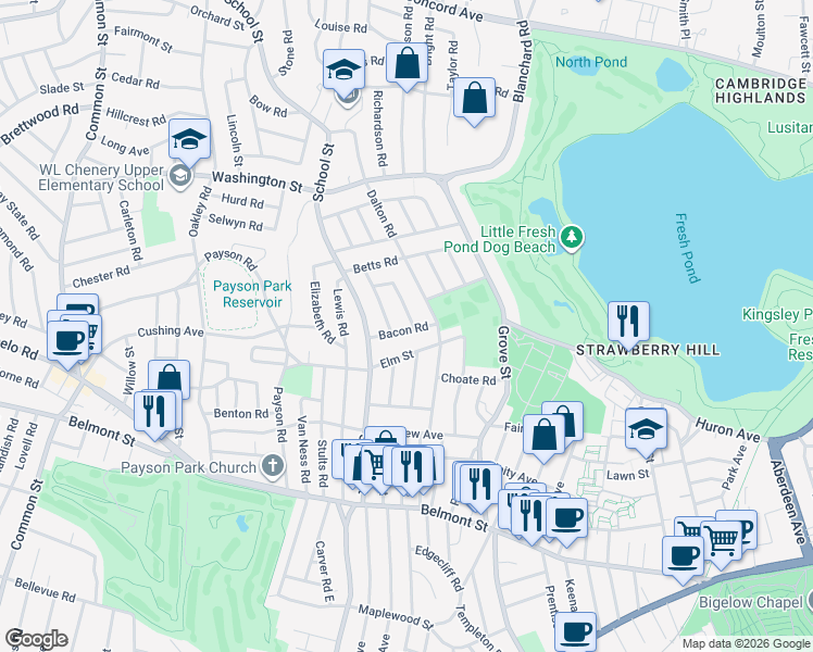map of restaurants, bars, coffee shops, grocery stores, and more near 11 Woods Road in Belmont