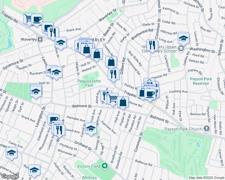 map of restaurants, bars, coffee shops, grocery stores, and more near 17 Bartlett Avenue in Belmont