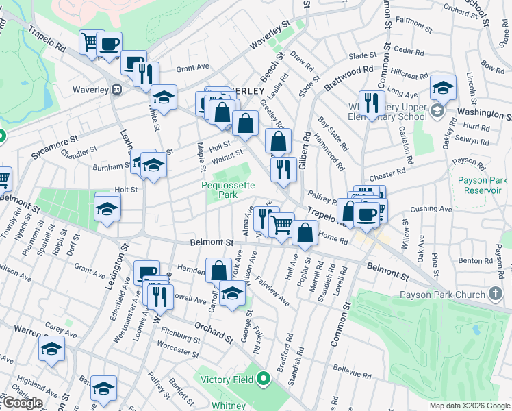 map of restaurants, bars, coffee shops, grocery stores, and more near 49-51 Bartlett Avenue in Belmont