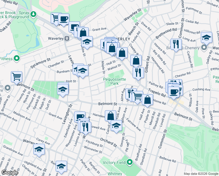 map of restaurants, bars, coffee shops, grocery stores, and more near 81 Bartlett Avenue in Belmont